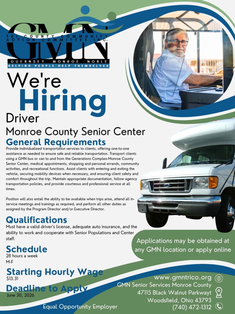 Job posting for Monroe County Senior Center Driver. Details in linked PDF.