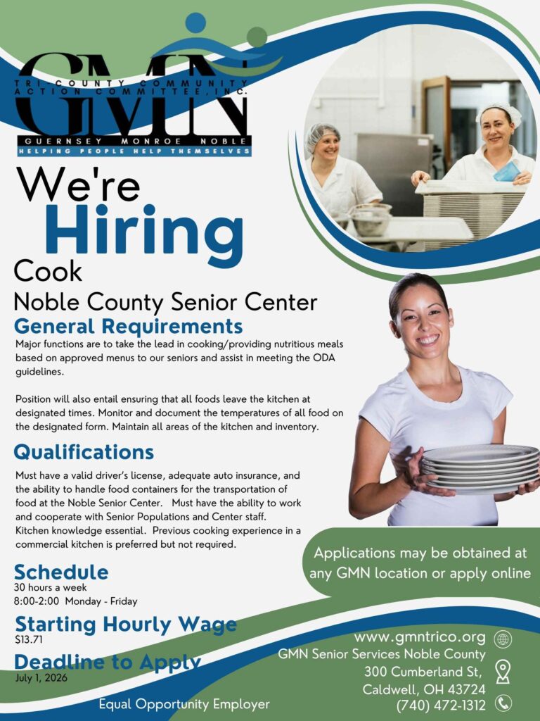Job posting. Noble County Senior Center Cook. Details at the linked PDF.