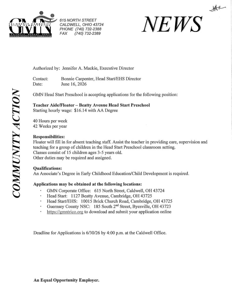 Job posting. Beatty Avenue Head Start Preschool Teacher Aide - details in linked PDF.