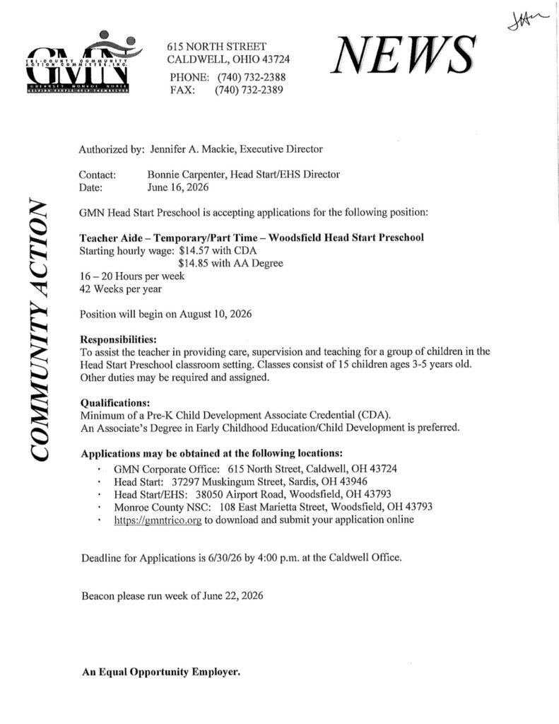 Job posting. Woodsfield Head Start Preschool Teacher Aide - details in linked PDF.