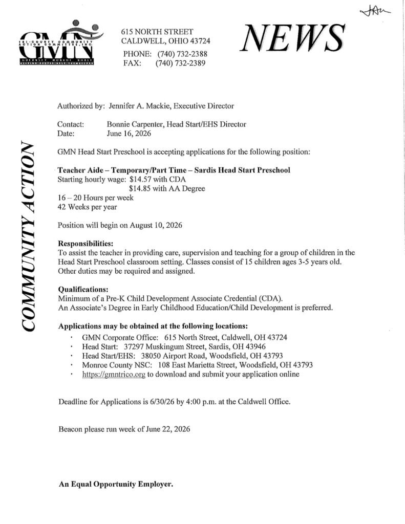 Job posting. Sardis Head Start Preschool Teacher Aide - details in linked PDF.